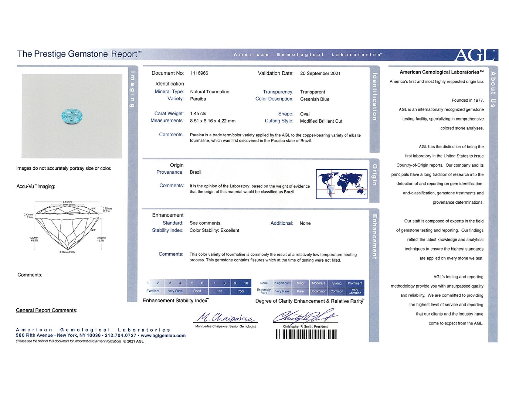 "AGL Certified" Paraiba Tourmaline 1.45 Carats