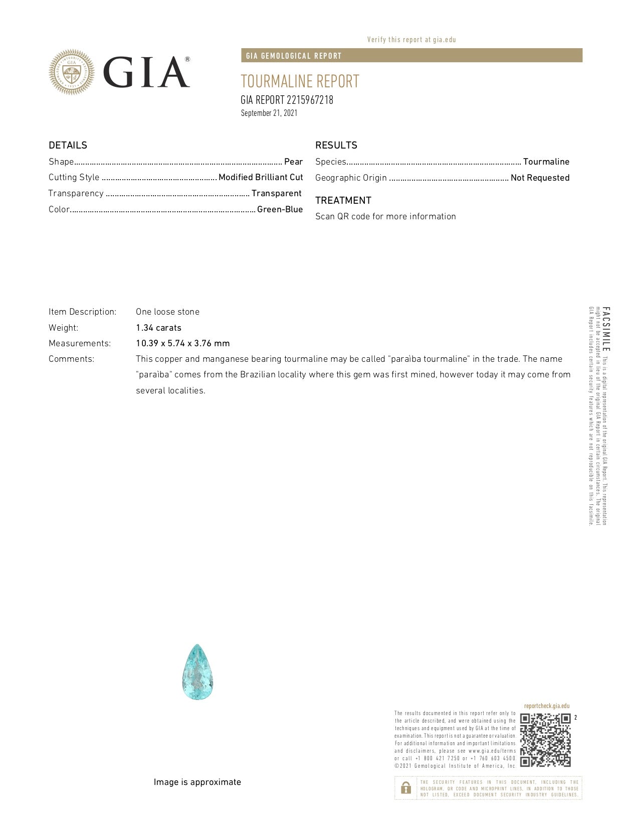 "GIA Certified" Paraiba Tourmaline 2.54 Carats