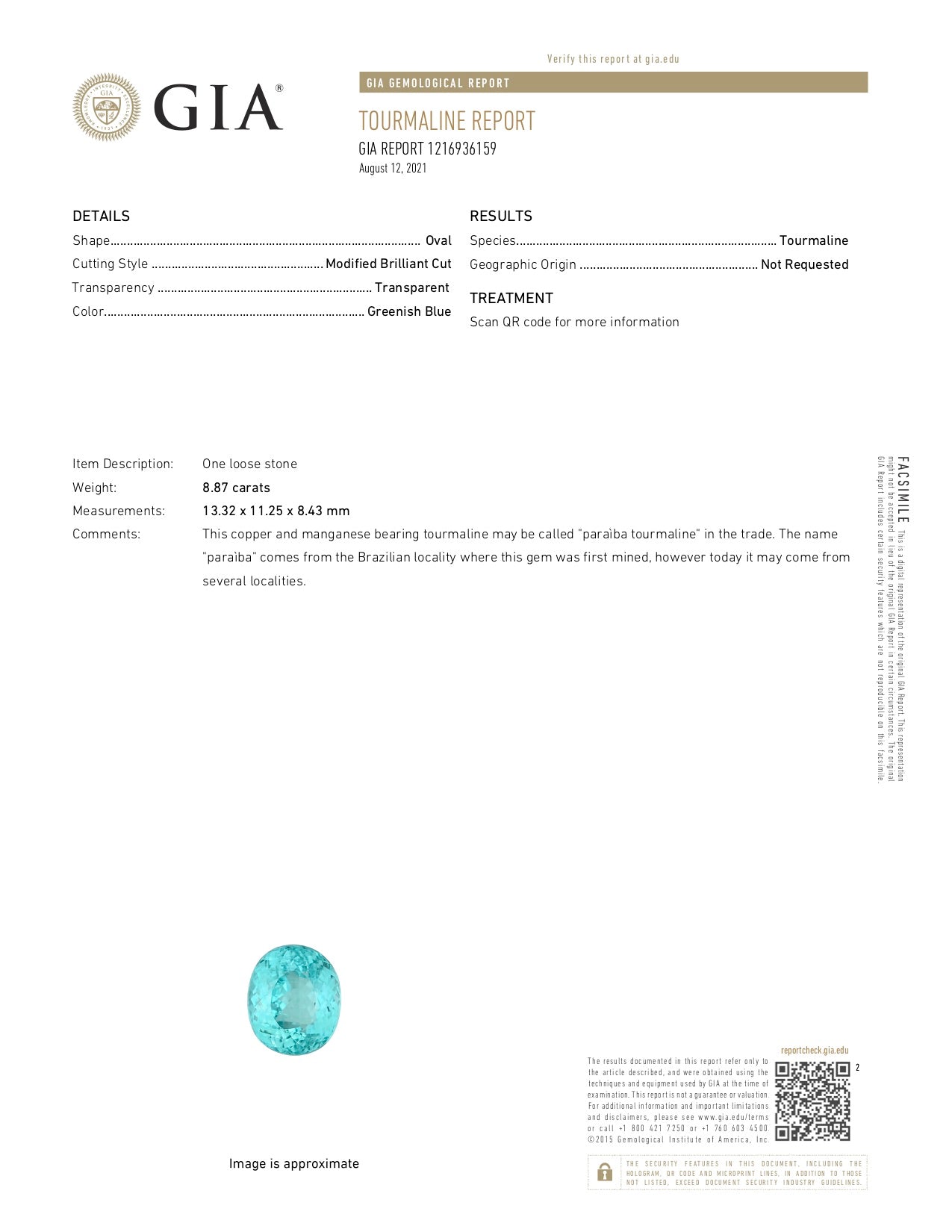 "GIA Certified" Paraiba Tourmaline 8.87 Carats