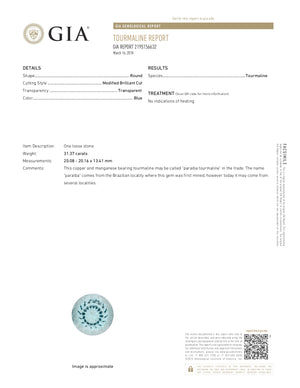 Unheated "GIA Certified" Paraiba Tourmaline 31.37 Carats